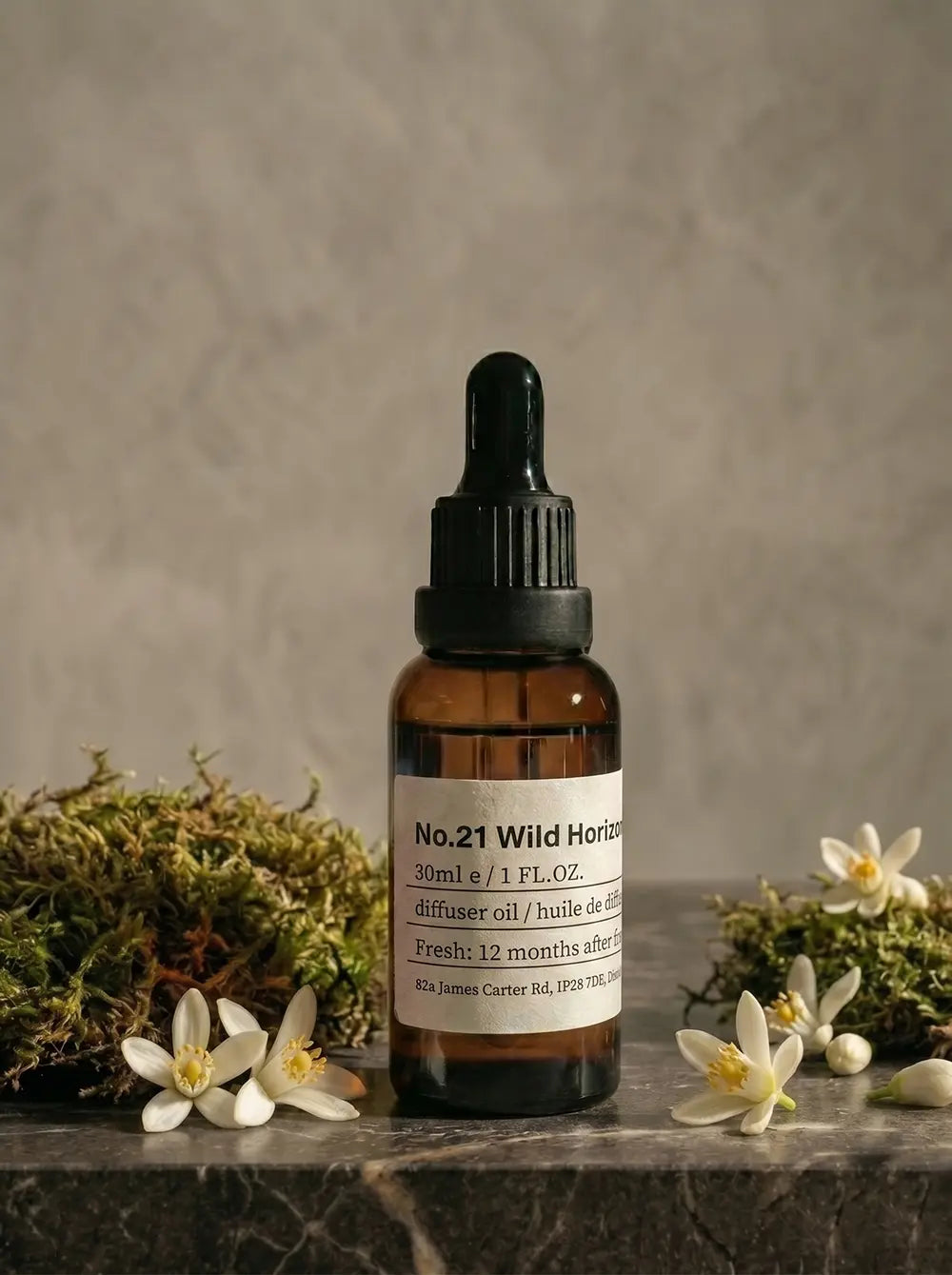 Chavanc_Aroma No. 21 The Wild Horizon essential oil, L’Esprit Sauvage, in a vintage amber glass bottle.