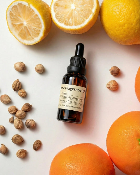 Chavanc-Aroma NO.39 Citrus Delight essential oil bottle styled with fresh halved lemons, oranges, and cardamom pods, evoking a Mediterranean summer.