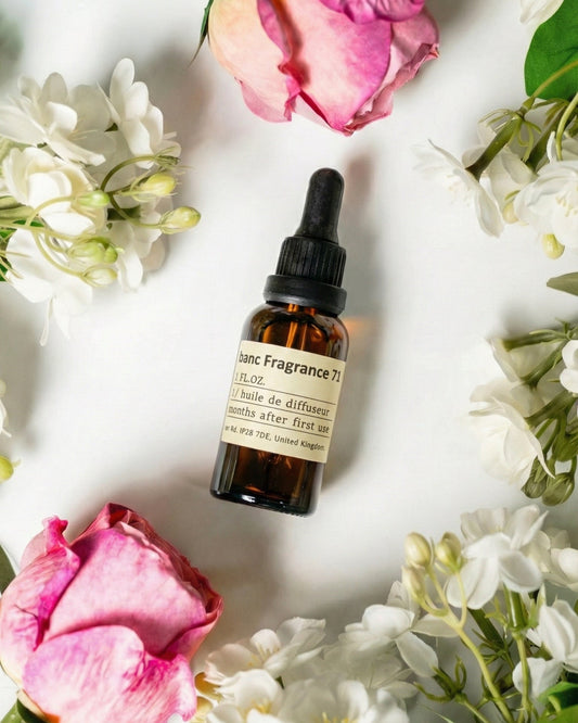 chavanc-aroma- NO.71 Blossom Muse essential oil bottle centered among elegant pink roses and white orange blossoms, representing a radiant citrus-floral scent.