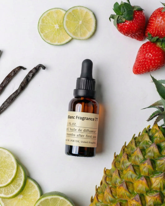 Chavanc Aroma NO.77 Pineapple Bliss Noir essential oil bottle featuring notes of creamy pineapple, vanilla, and warm musk for a sophisticated tropical ambiance.