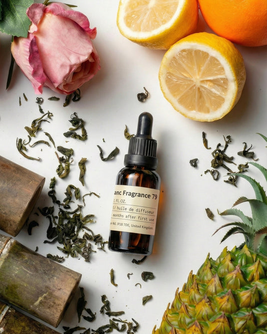 A bottle of NO.79 Shangri-La Essential Oil by Chavanc Aroma featuring citrus and bamboo notes, displayed with fresh lemons, oranges, tea leaves, and bamboo stalks.