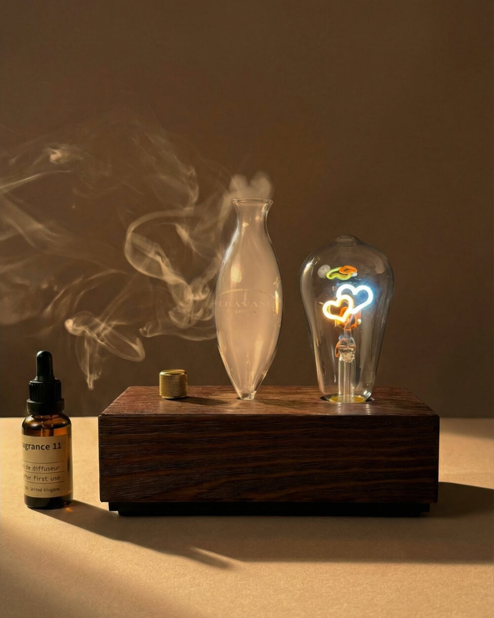 Vintage-style light bulb and bottle on a wooden base with smoke effect