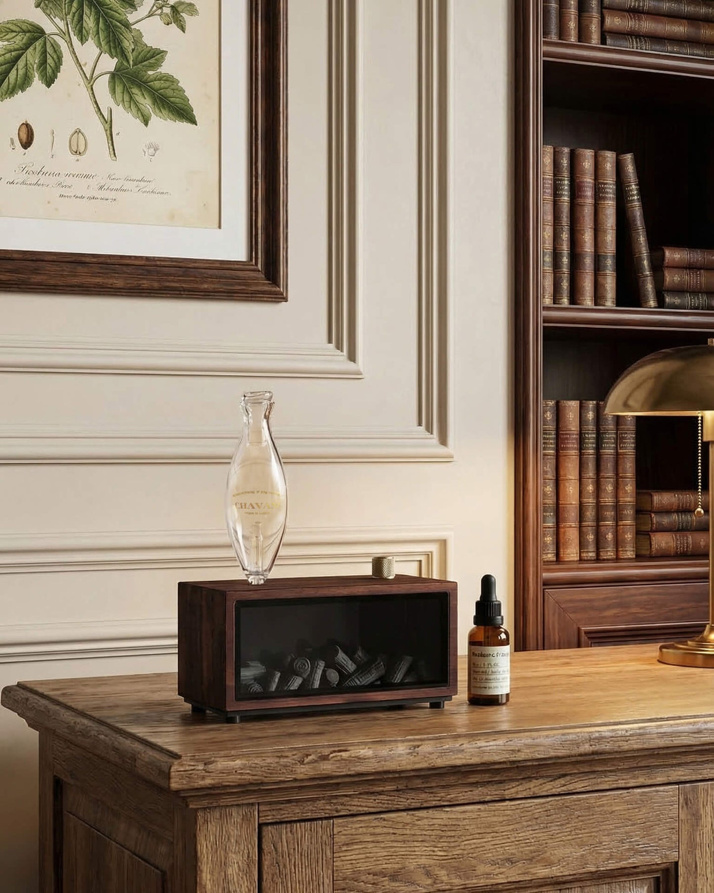 Chavanc-Aroma-Waterless-oil-diffuserWooden side table with decorative items in a room with bookshelf and framed artwork.
