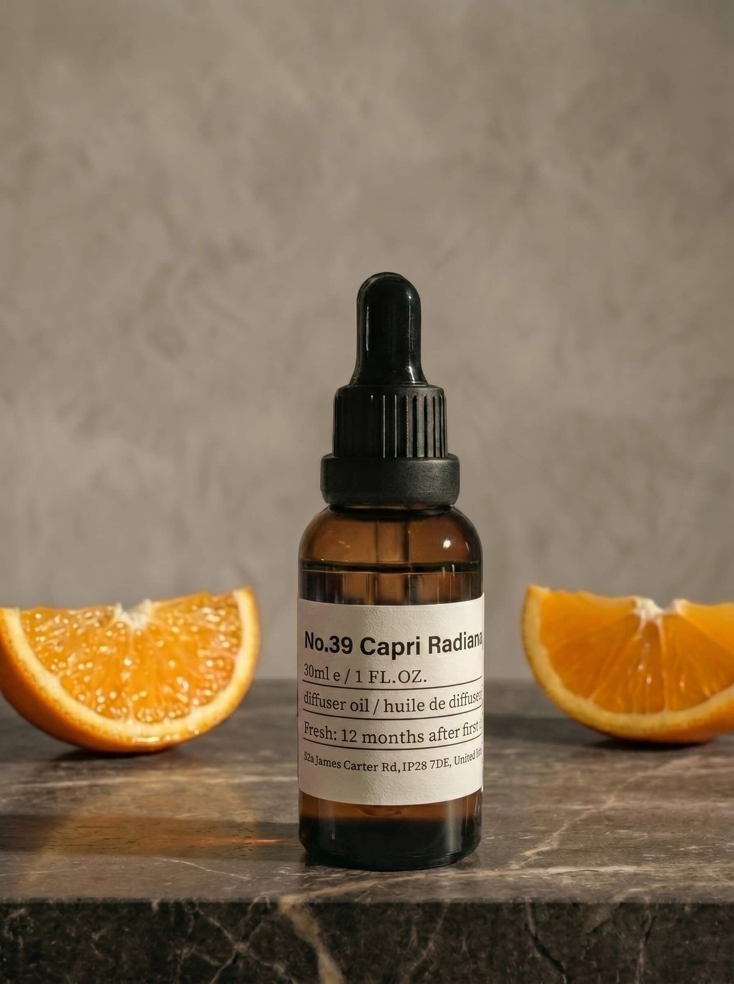 Chavanc_Aroma No. 39 The Capri Radiance essential oil in a vintage amber glass bottle with a minimalist label.