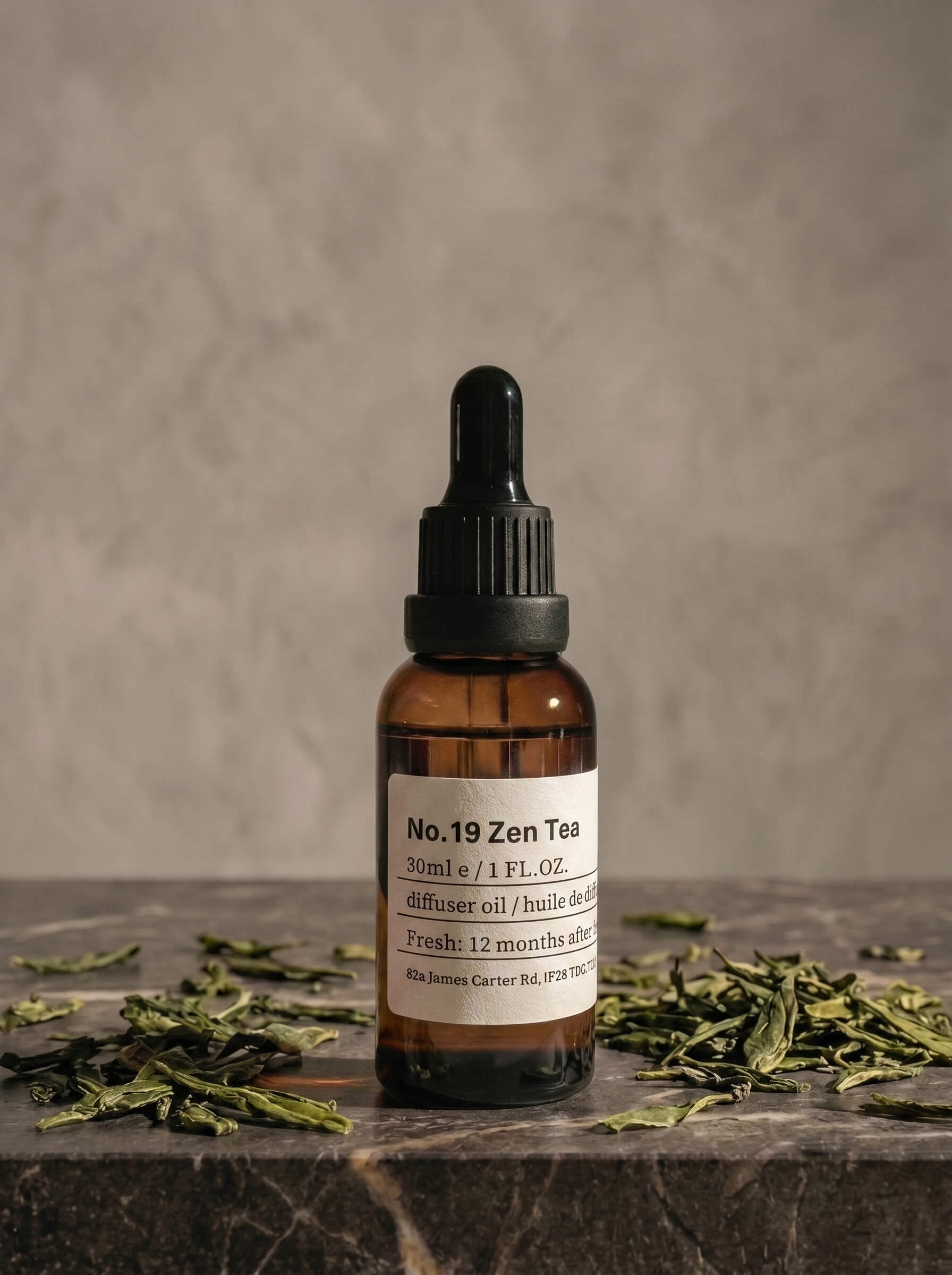 Chavanc_Aroma No. 19 All-Season Zen Tea essential oil in a signature amber glass apothecary bottle.