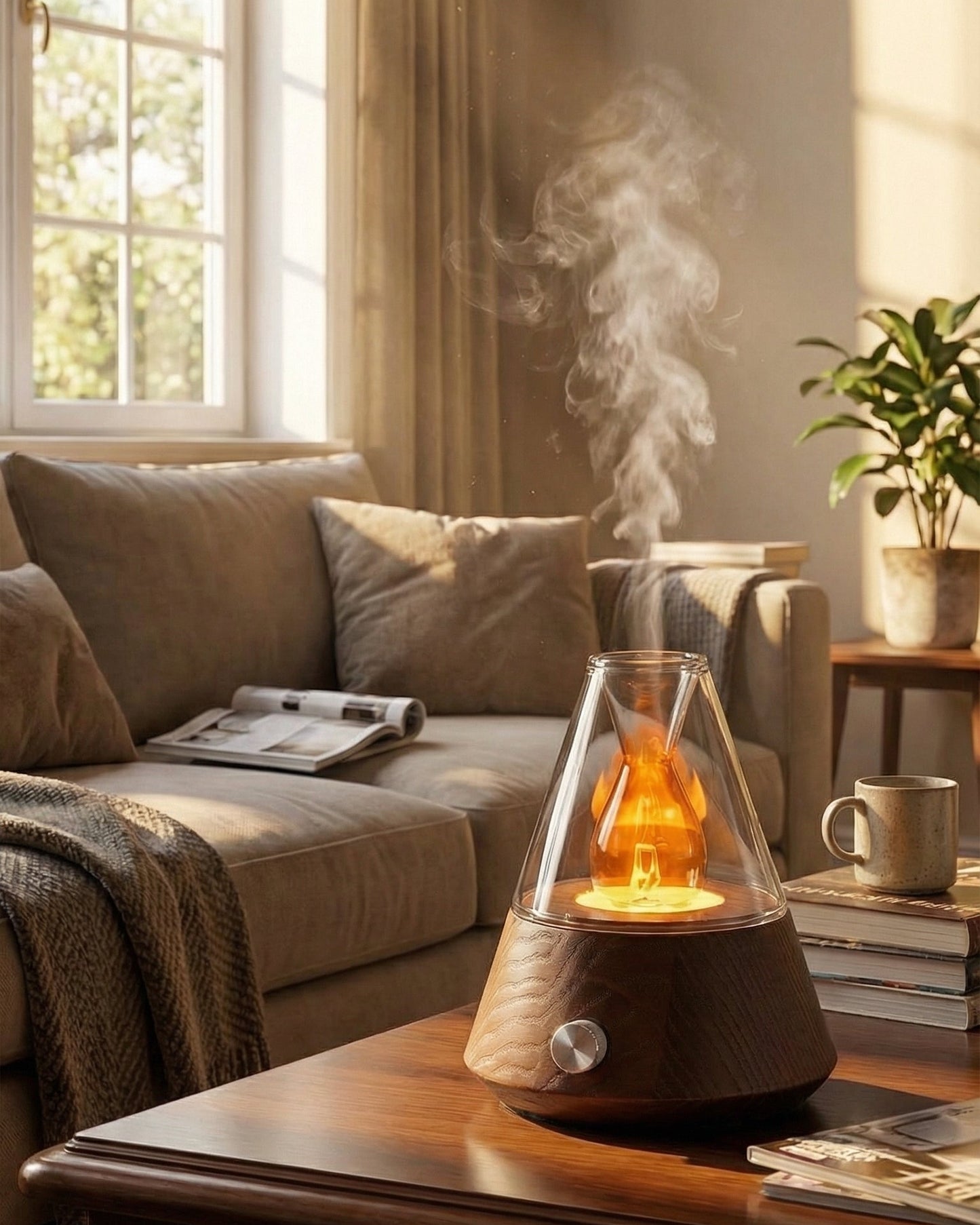A premium Chavanc_Aroma waterless nebulizing essential oil diffuser with a pyramid glass top and an angular walnut wood base, emitting a thick aromatherapy mist. The internal amber light creates a warm flame-like glow. The diffuser sits on a wooden coffee table in a sun-lit living room, featuring a beige sofa, a chunky knit throw, books, and a ceramic mug in a cozy, relaxing afternoon atmosphere.