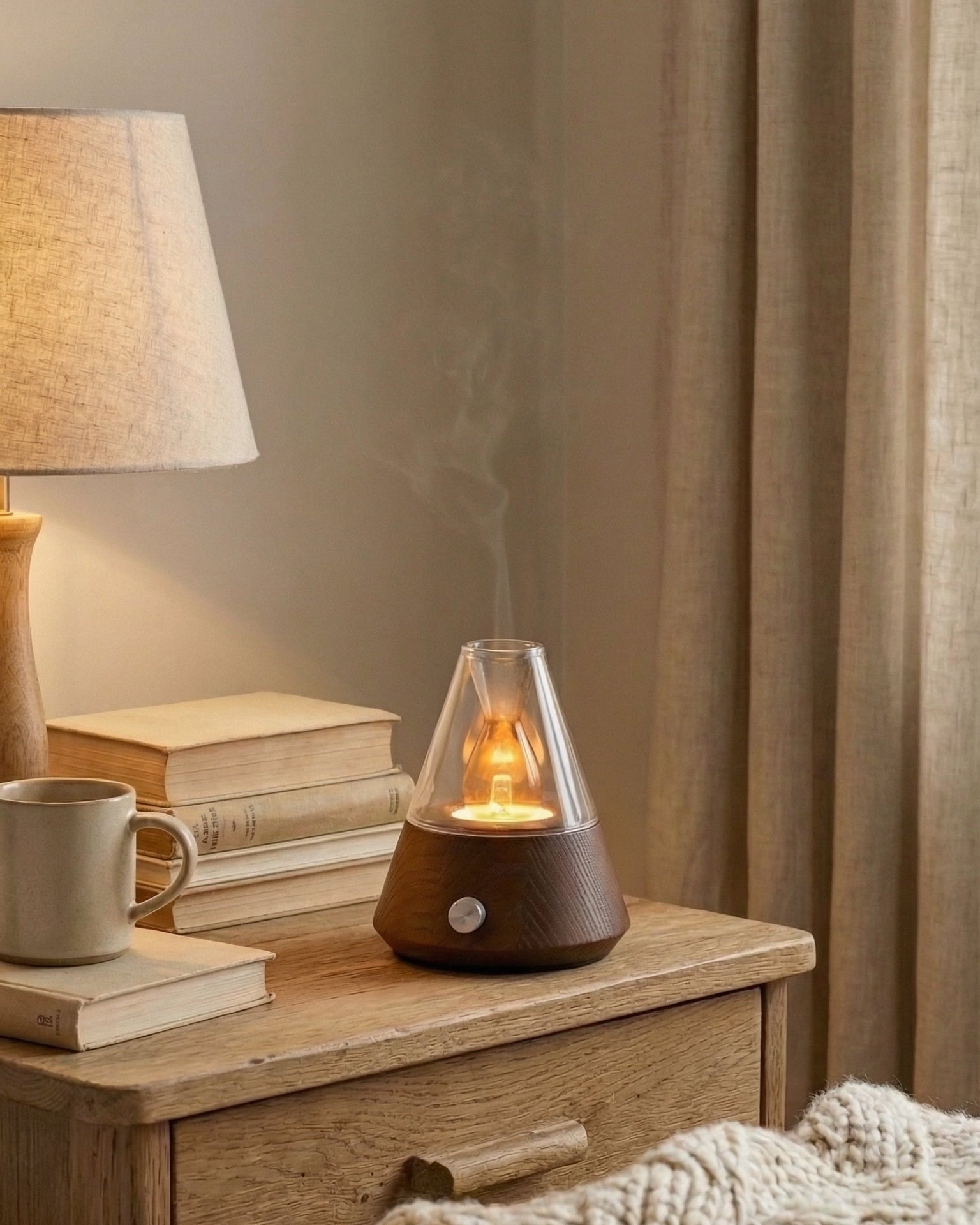 A Chavanc_Aroma conical nebulizing diffuser with a tapered walnut wood base and pyramid glass top, emitting a gentle mist. The internal amber light creates a warm glow on a wooden bedside table next to a stack of vintage books, a ceramic mug, and a glowing table lamp against neutral curtains. Perfect for a cozy bedroom or a relaxing reading nook.