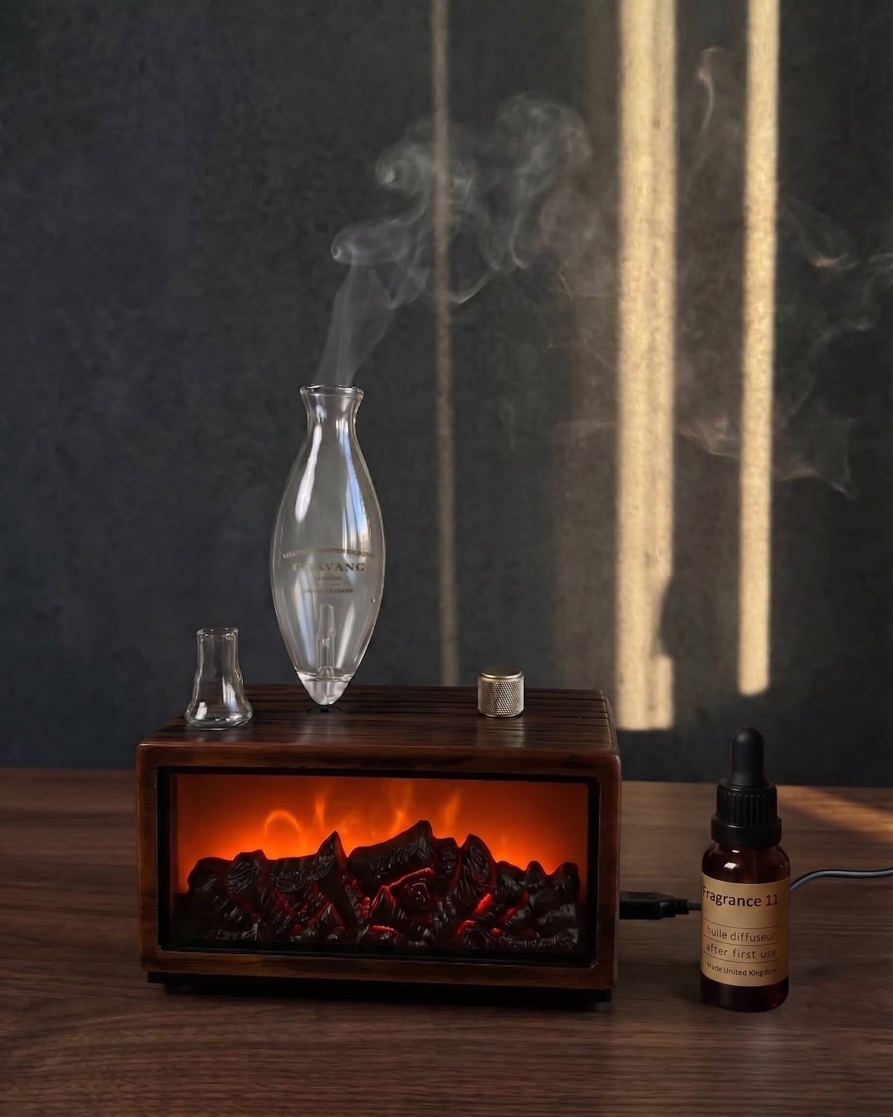 Smoky glass bottle with wooden firebox and bottle on a dark background