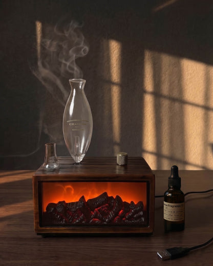 Wooden fireplace-style lamp with glass bottles and a small bottle on a wooden surface.