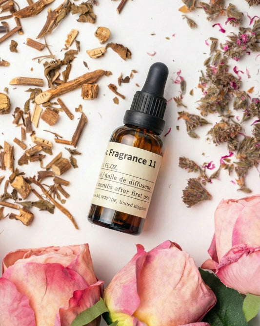 Chavanc aroma  NO.11 Rose Whisper essential oil bottle surrounded by blooming pink roses, dried rosebuds, and earthy botanical accents on a white surface.