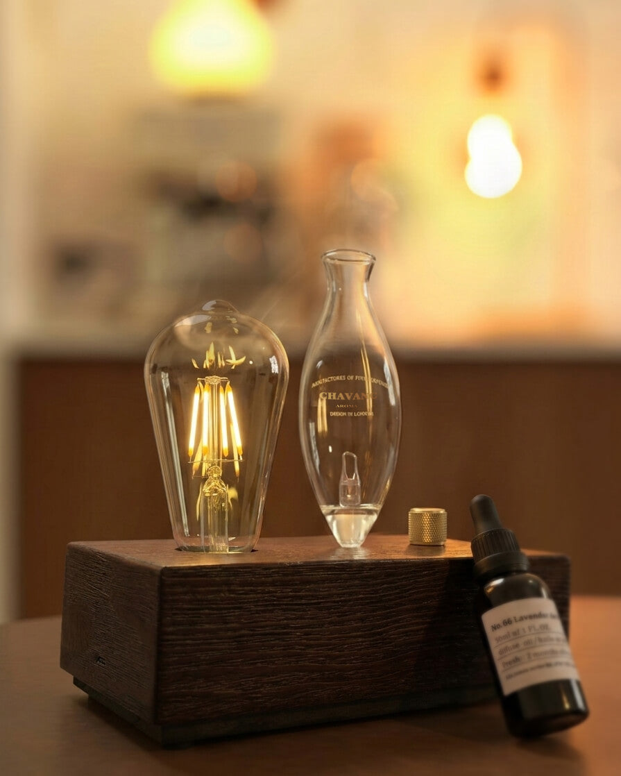 "A chavanc-Aroma waterless nebulizing diffuser featuring an illuminated Edison-style bulb that casts a warm amber glow. The instrument is crafted with a hand-blown glass nebulizer and a solid dark wood base, elegantly placed on a wooden table next to a signature amber essential oil bottle in a moody, sophisticated interior."