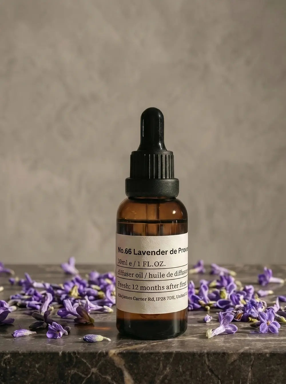 Amber glass bottle of Chavanc_Aroma No. 66 Provence Lavender Manuscript essential oil, vintage botanical style.