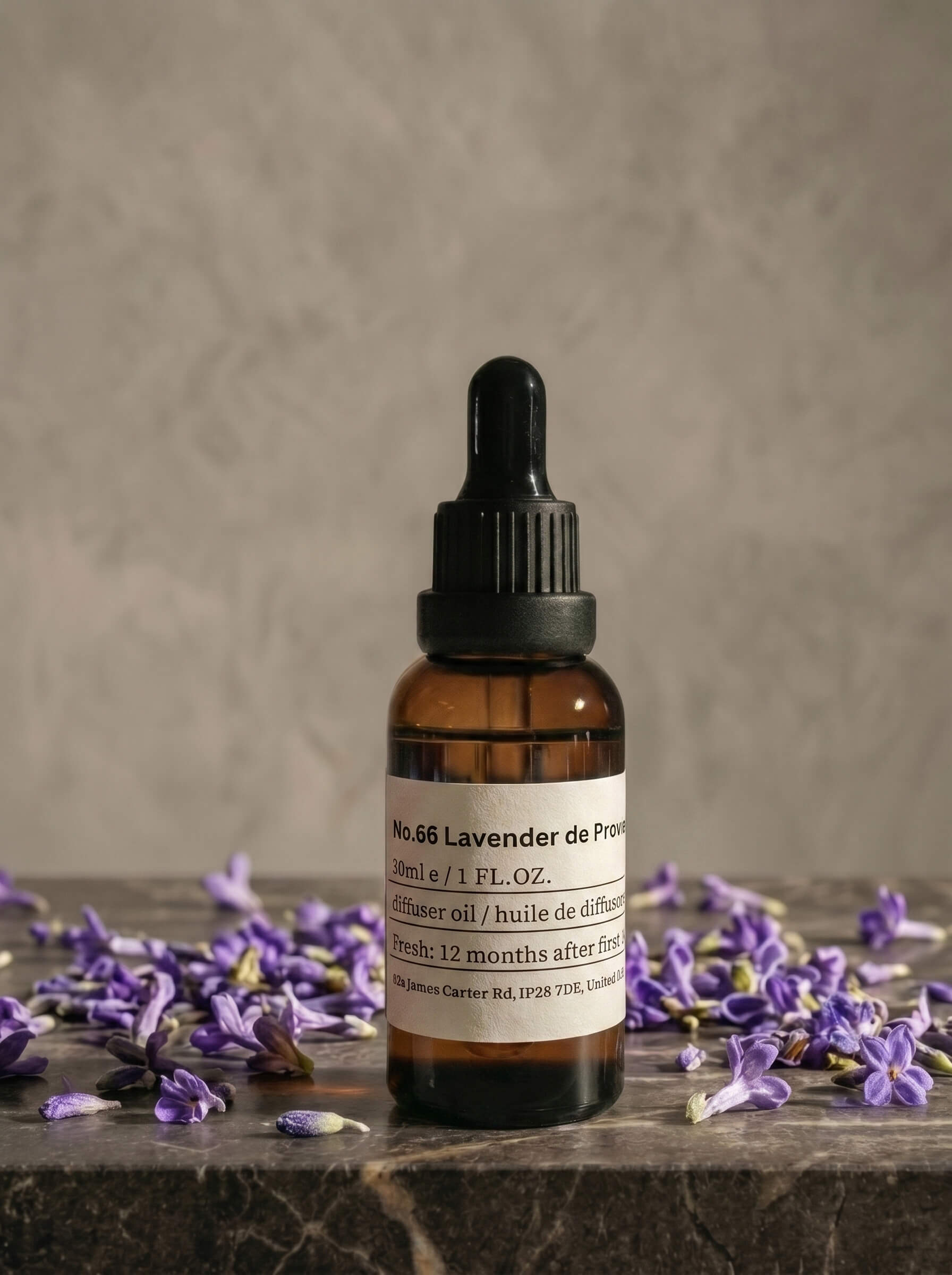 Amber glass bottle of Chavanc_Aroma No. 66 Provence Lavender Manuscript essential oil, vintage botanical style.