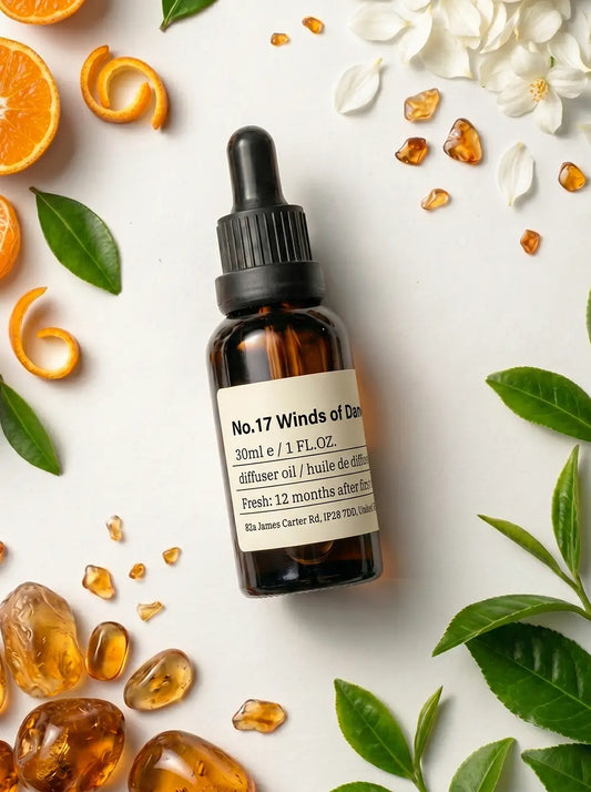 Chavanc Fragrance NO.17 Winds of Darjeeling essential oil bottle surrounded by loose black tea leaves, guaiac wood sticks, and amber resin grains.