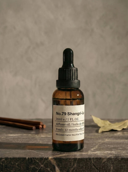 .Amber glass dropper bottle of Chavanc_Aroma 79 essential oil with a vintage apothecary-style label..