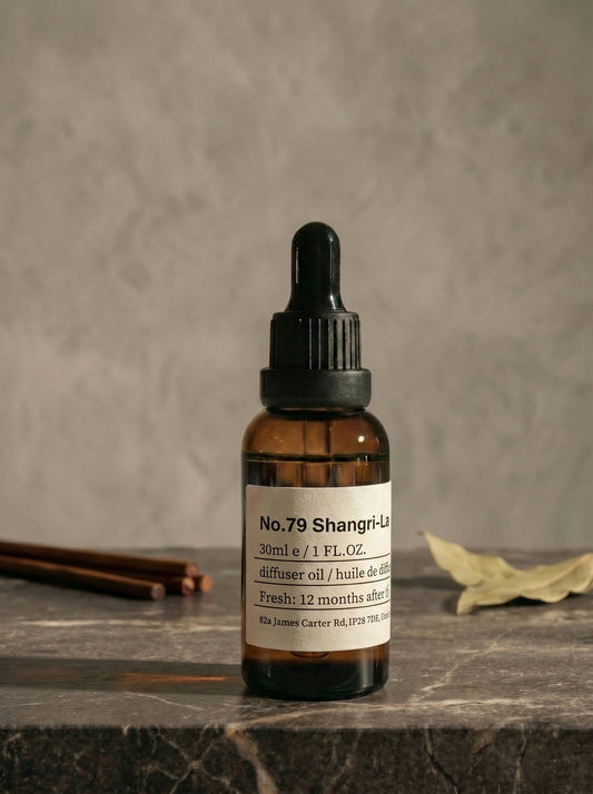 .Amber glass dropper bottle of Chavanc_Aroma 79 essential oil with a vintage apothecary-style label..